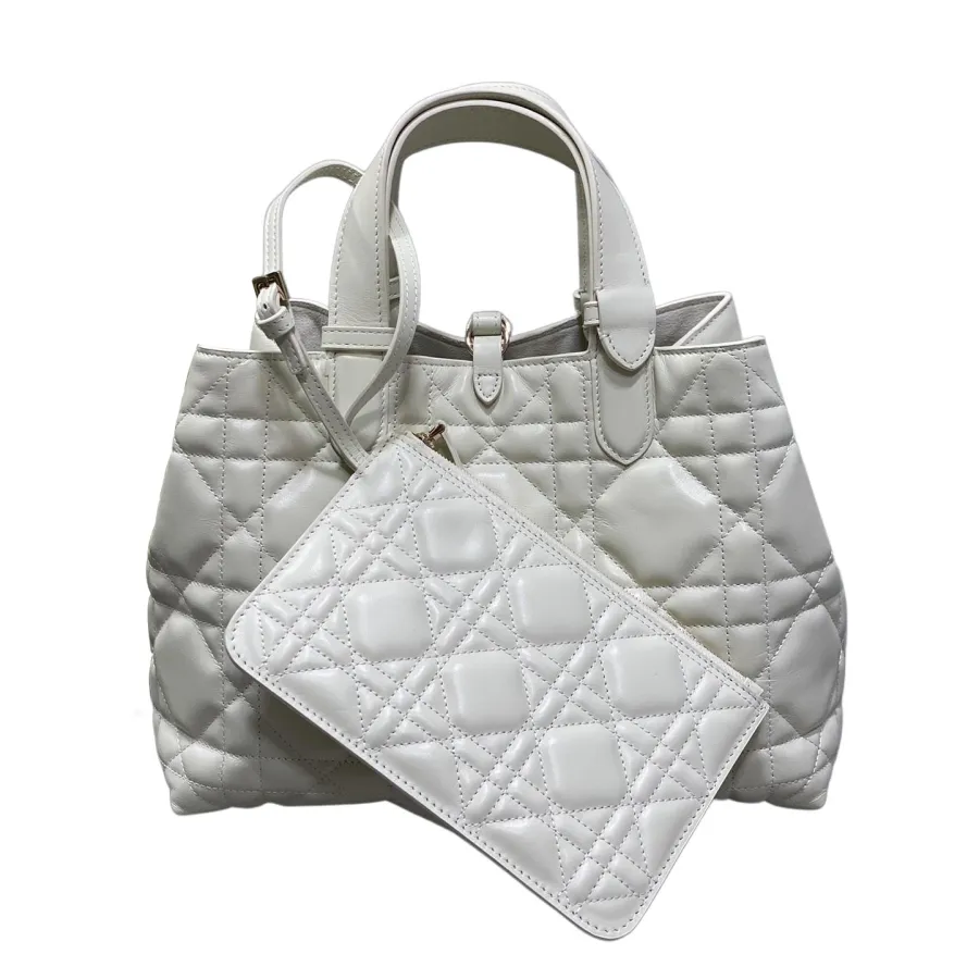 Dior Medium Dior Toujours Bag In White/Tan/Blue/Pale Pink/Burgundy/Cloudy Grey/Stone Grey Macrocannage Calfskin With Gold/Silver Hardware