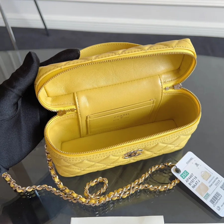 Chanel Yellow / Pink / white / Grey / Black / Apricot color Lychee print calfskin handle makeup bag handbag