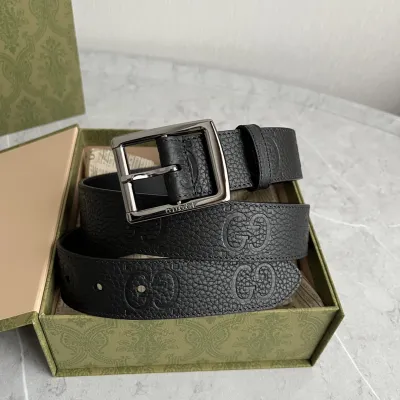 Gucci Men' s Square Buckle Belt In Black GG Grained Calfskin With Gold/Silver Hardware 35mm