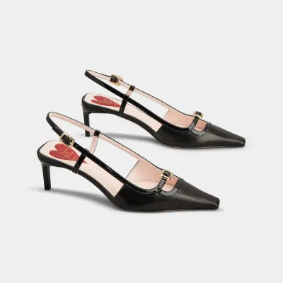 Roger Vivier Viv' Canard Slingback Pumps High Heels In Black Leather With Metal Buckle (Heel Height 5.5cm)