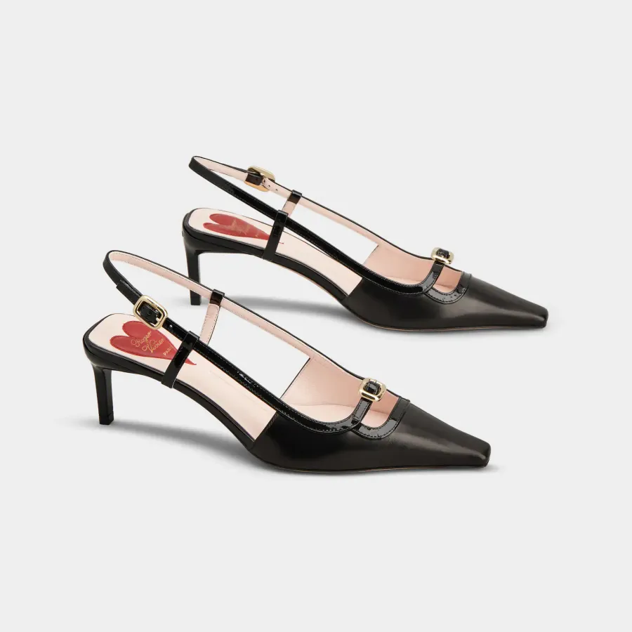 Roger Vivier Viv' Canard Slingback Pumps High Heels In Black Leather With Metal Buckle (Heel Height 5.5cm)