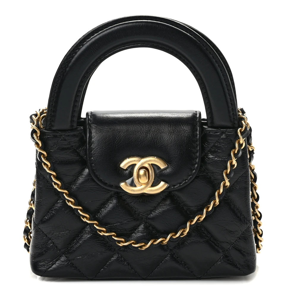Chanel Kelly Shopper Nano Preto Acolchoado Couro Bezerro Envelhecido Brilhante Hardware Dourado - BOLSAS