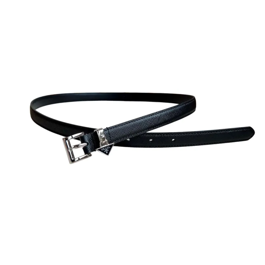 Prada Women' s Square Buckle Thin Belt In Black/Brown/White Calfskin With Gold/Silver Hardware 15mm