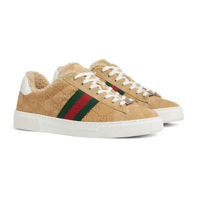 Gucci Ace series brown sneakers woven fabric women's sports shoes