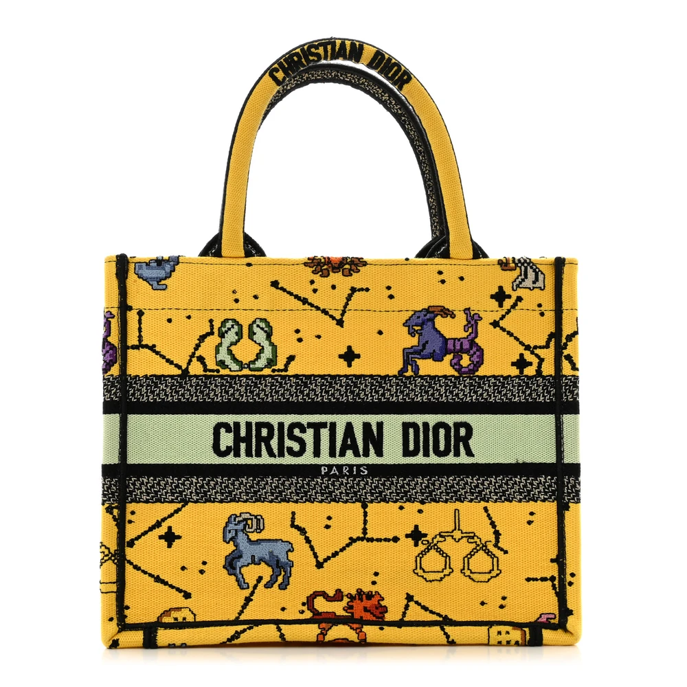 Dior Bolsa Book Tote Pequena Pixel Zodíaco Amarela Multicolor em Canvas Bordado