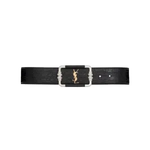 Saint Laurent Cintura Logo Buckle Belt In Black Crocodile-Embossed With Silver/Gold Hardware 30mm