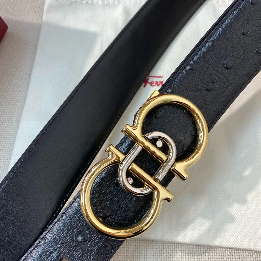 Ferragamo Men's Double Gancini Buckle Belt In Black Ostrich Grain Calfskin With Gold/Silver Hardware 35mm