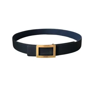 Prada Men' s Square Buckle Reversible Belt In Black/Blue/White Saffiano Calfskin With Gold/Silver Hardware 34mm