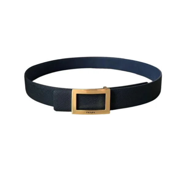 Prada Men' s Square Buckle Reversible Belt In Black/Blue/White Saffiano Calfskin With Gold/Silver Hardware 34mm
