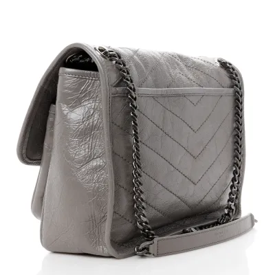 Saint Laurent Medium Niki Chain Satchel Fog Crinkled Monogram Calfskin Matelasse Leather Ruthenium Hardware