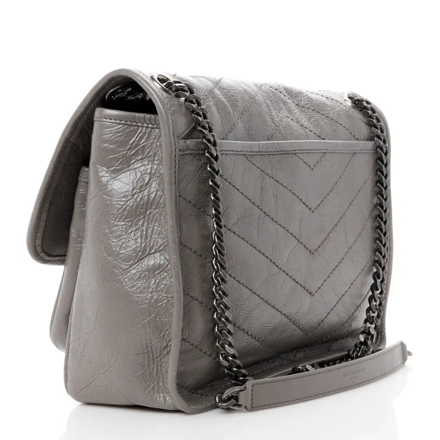 Saint Laurent Medium Niki Chain Satchel Fog Crinkled Monogram Calfskin Matelasse Leather Ruthenium Hardware