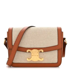 Celine Small Teen Triomphe Bag White/Tan Textile & Natural Calfskin Leather Gold Hardware