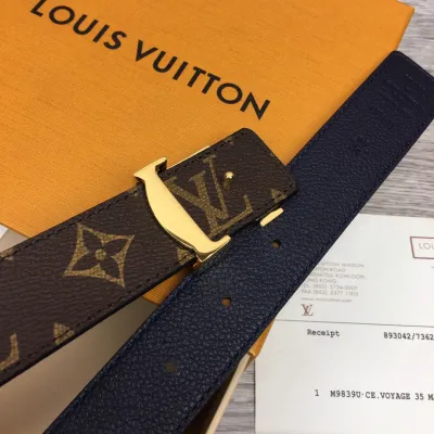 Louis Vuitton Women's Initiales Reversible Belt In Bkue/Black/Grey/Brown/Burgundy/Red/Pink Calfskin And Monogram Canvas With Gold Hardware 30mm