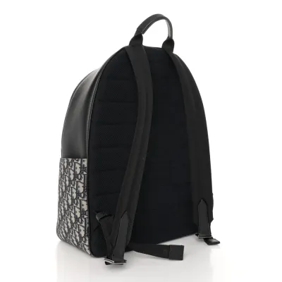 Dior Large Saddle Zip Backpack Black Oblique Canvas & Grained Calfskin Leather Silver Hardware
