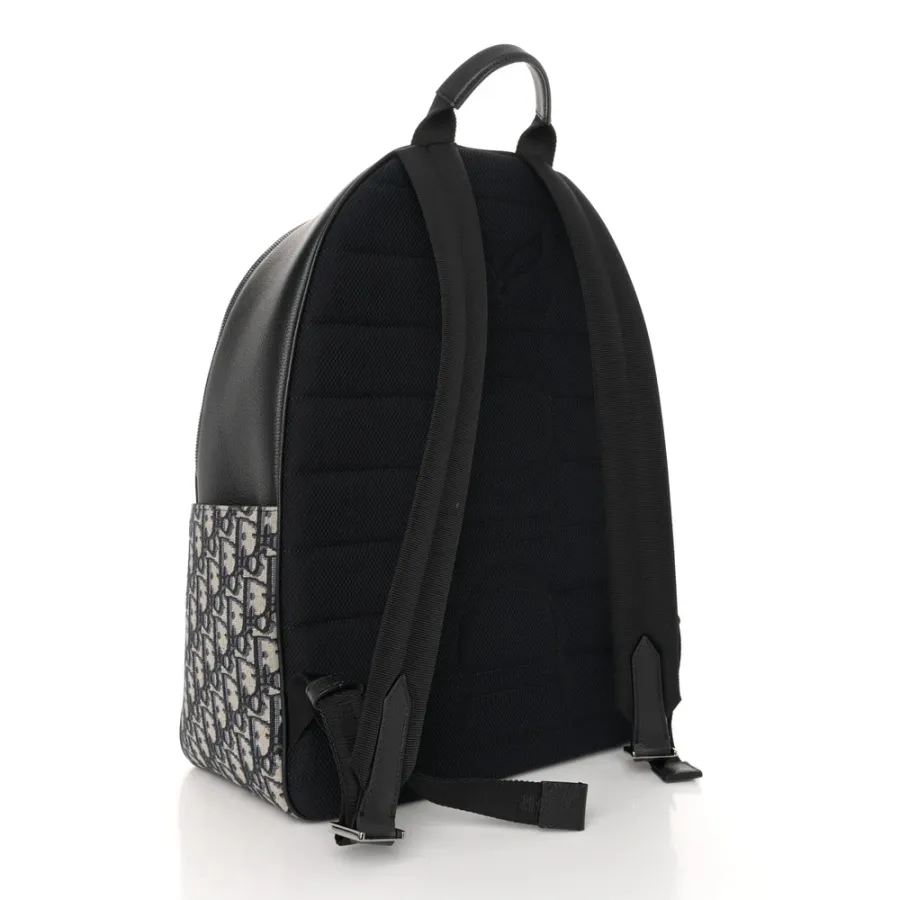 Dior Large Saddle Zip Backpack Black Oblique Canvas & Grained Calfskin Leather Silver Hardware