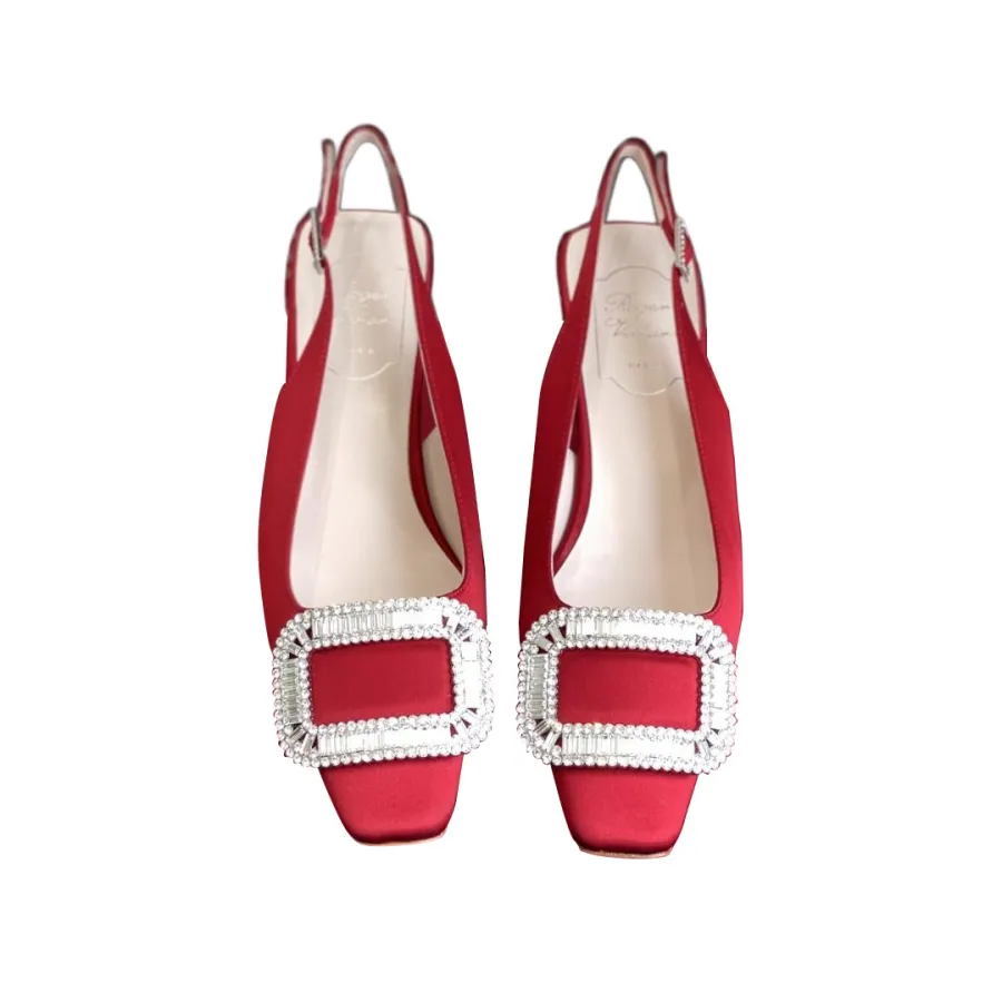 Roger Vivier Belle Viver Slingback Pumps High Heels In Red/Beige Satin With Crystal Buckle (Heel Height 4.5cm)