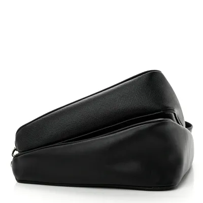 Prada Medium Double Triangle Shoulder Bag Black Vitello Saffiano Cuir Leather Silver Hardware