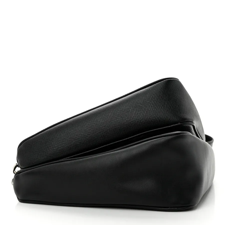 Prada Medium Double Triangle Shoulder Bag Black Vitello Saffiano Cuir Leather Silver Hardware