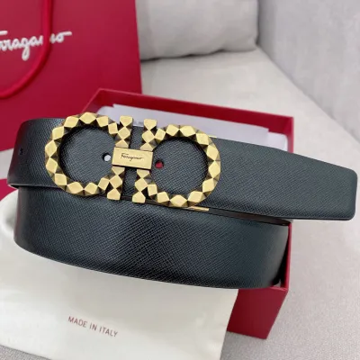 Ferragamo Men's Sharp Double Gancini Buckle Reversible Belt In Black/Coffee Saffiano Calfskin With Gold/Silver Hardware 35mm