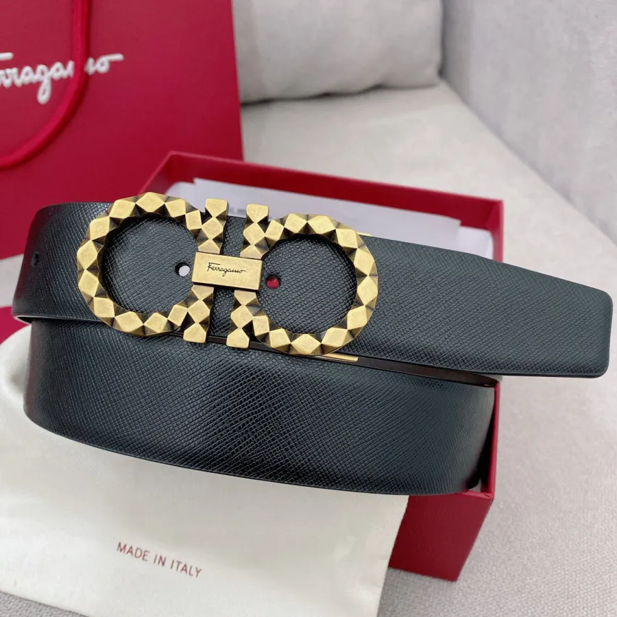 Ferragamo Men's Sharp Double Gancini Buckle Reversible Belt In Black/Coffee Saffiano Calfskin With Gold/Silver Hardware 35mm