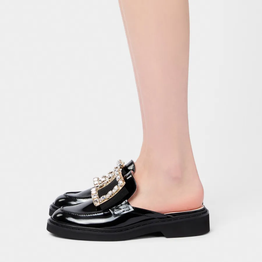 Roger Vivier Viv' Rangers Mules Loafers In Black Patent Leather With Crystal Buckle