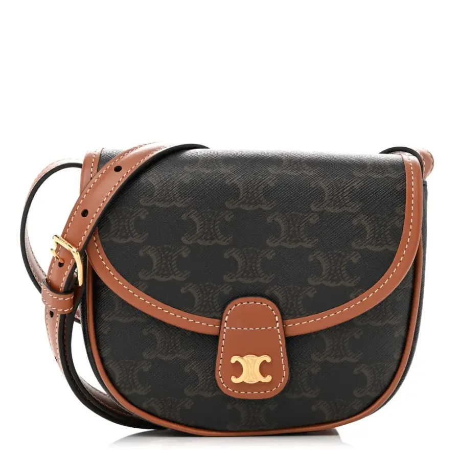 Celine Mini Besace Tan Canvas & Calfskin Leather Triomphe Gold Hardware