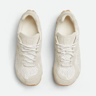 Bottega Veneta Orbit Flash Sneakers In White Weathered Suede Leather And Mesh Lace-Up Sneaker