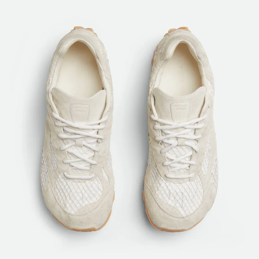 Bottega Veneta Orbit Flash Sneakers In White Weathered Suede Leather And Mesh Lace-Up Sneaker