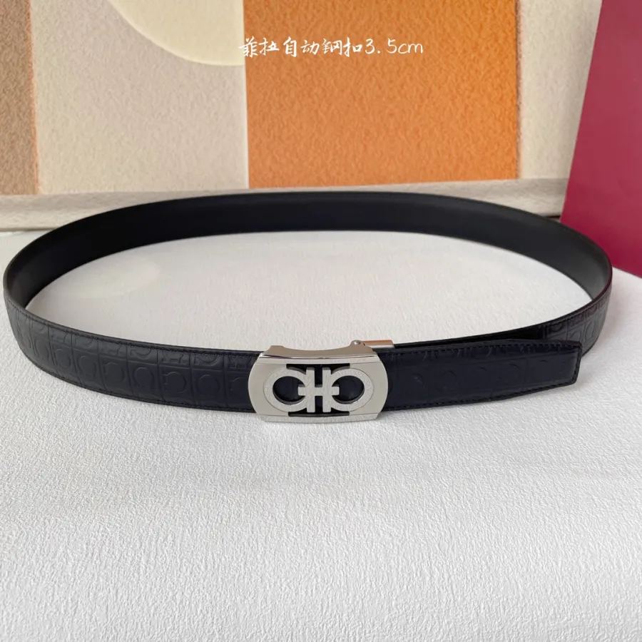 Ferragamo Men's Rectangled Double Gancini Buckle Belt In Black Calfskin With Gold/Silver Hardware 35mm