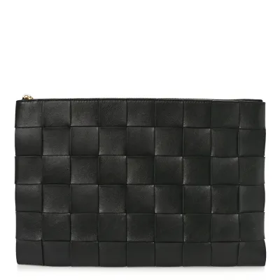 Bottega Veneta Maxi Intrecciato Large Cassette Flat Zip Pouch Black Nappa Leather