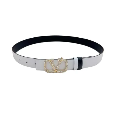 Valentino V Buckle With Crystal Belt In Black/Blue/Pink/Brown/White Calfskin With Gold Hardware 30mm