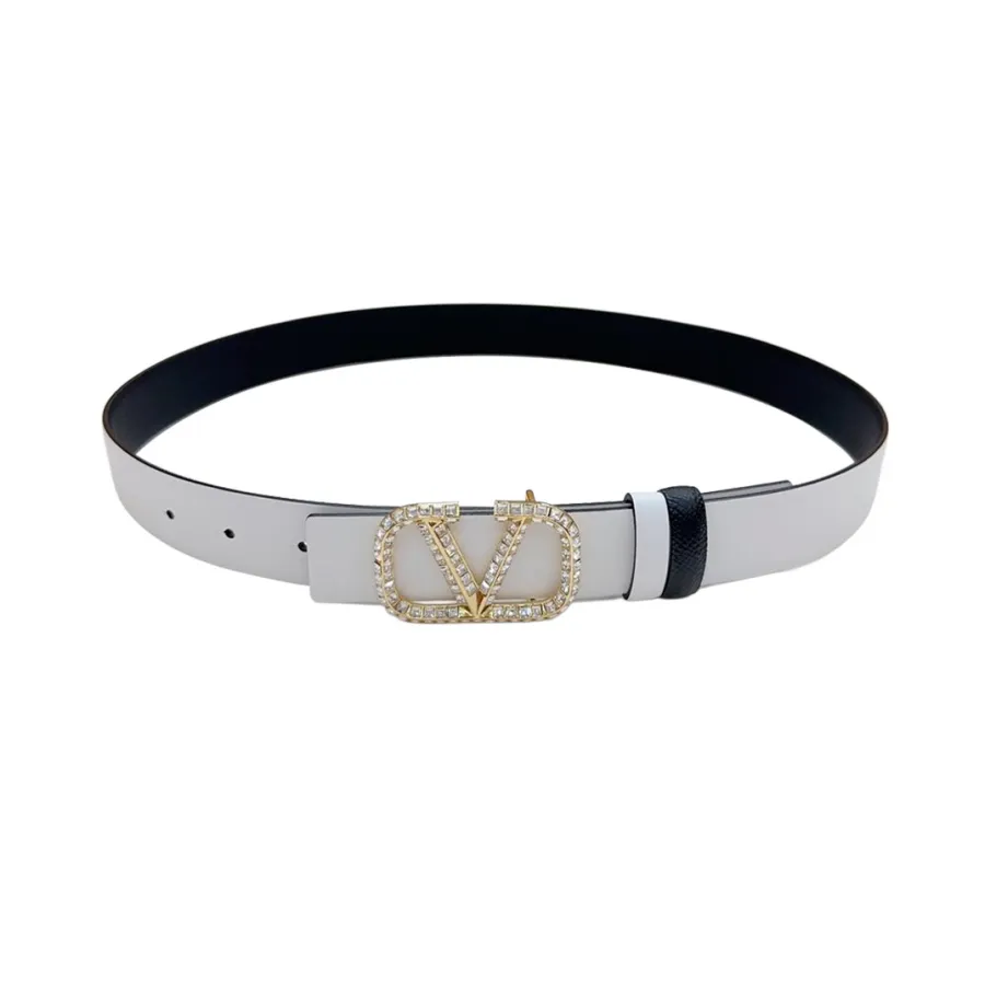Valentino V Buckle With Crystal Belt In Black/Blue/Pink/Brown/White Calfskin With Gold Hardware 30mm