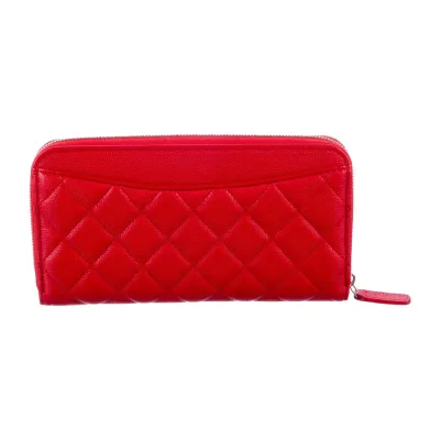 Chanel Large Interlocking CC Logo Continental Wallet Red Caviar Leather Silver Hardware