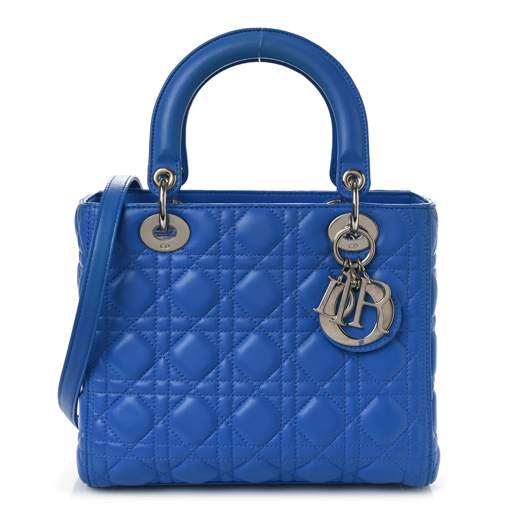 Bolsa Dior Lady Dior Média Horizon Blue em Couro de Cordeiro Cannage com Ferragens Prateadas