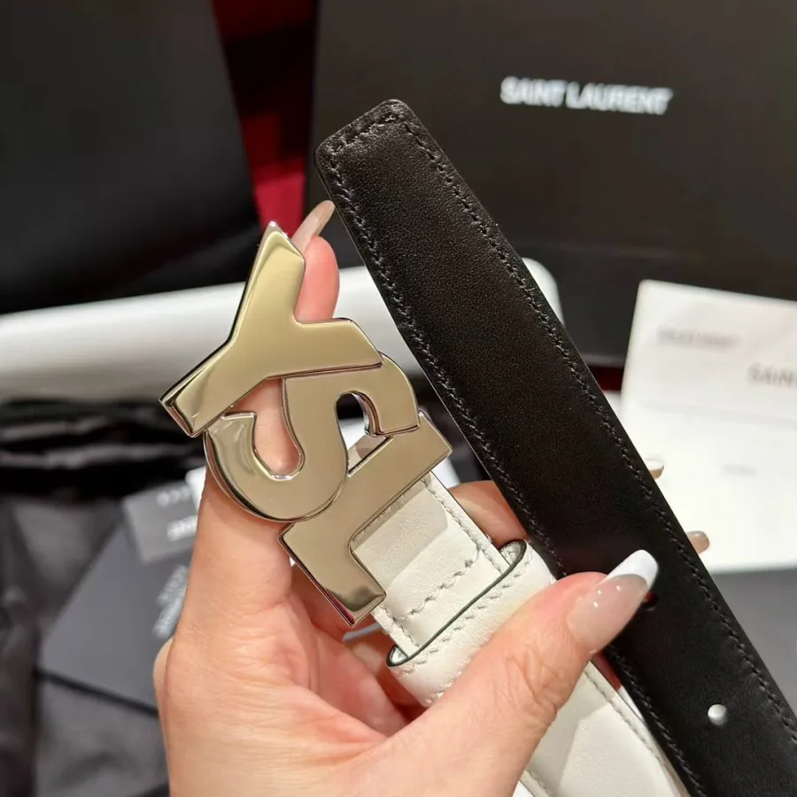 Saint Laurent YSL Buckle Belt In Black/White Calfskin With Gold/Silver Hardware 25mm