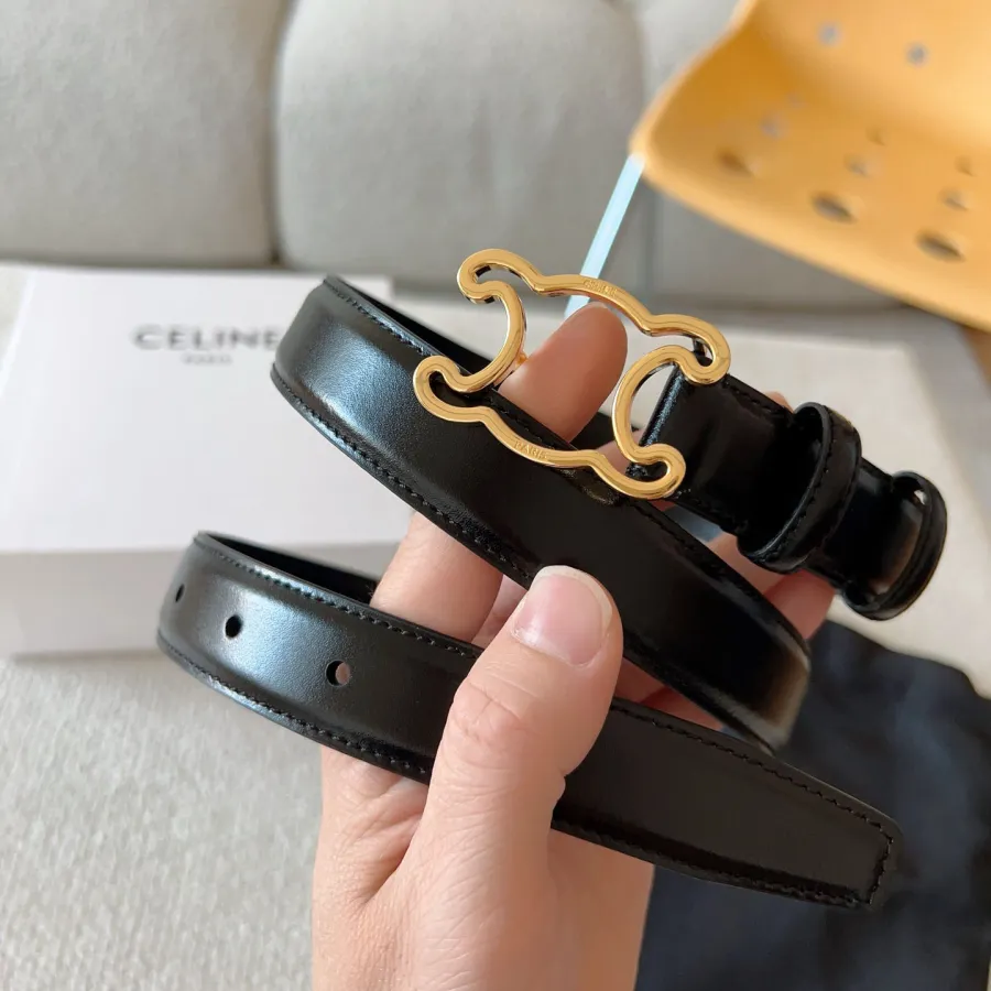 Celine Hollow Triomphe Buckle Belt In Black/White/Brown Calfskin With Gold Hardware 25mm