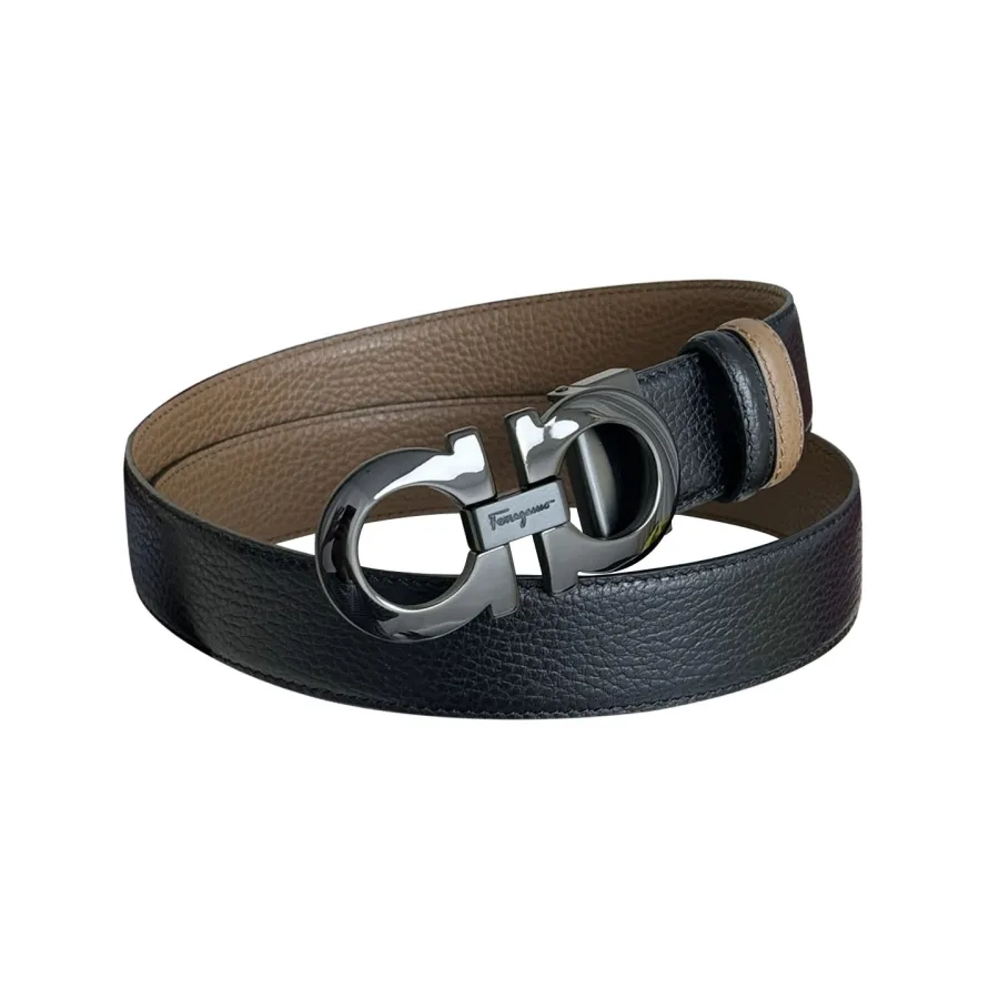 Ferragamo Men's Double Gancini Buckle Reversible Belt In Black/Brown Grained Calfskin With Gold/Silver/Black Hardware 35mm