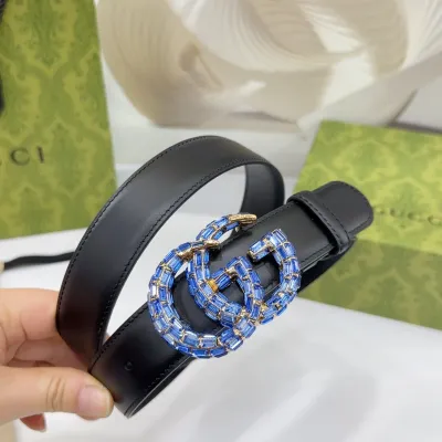 Gucci Women's GG Buckle With Crystals Marmont Thin Belt In Black/Red/Khaki/White/Grey/Green Smooth Calfskin With Gold/Silver Hardware 30mm