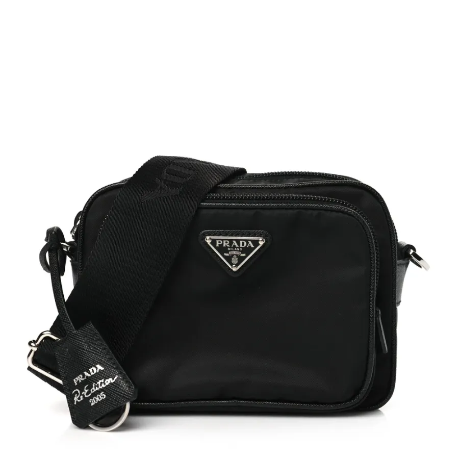 Prada Medium Brique Crossbody Messenger Bag Black Tessuto & Saffiano Leather Silver Hardware