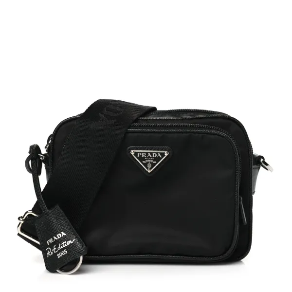 Prada Medium Brique Crossbody Messenger Bag Black Tessuto & Saffiano Leather Silver Hardware