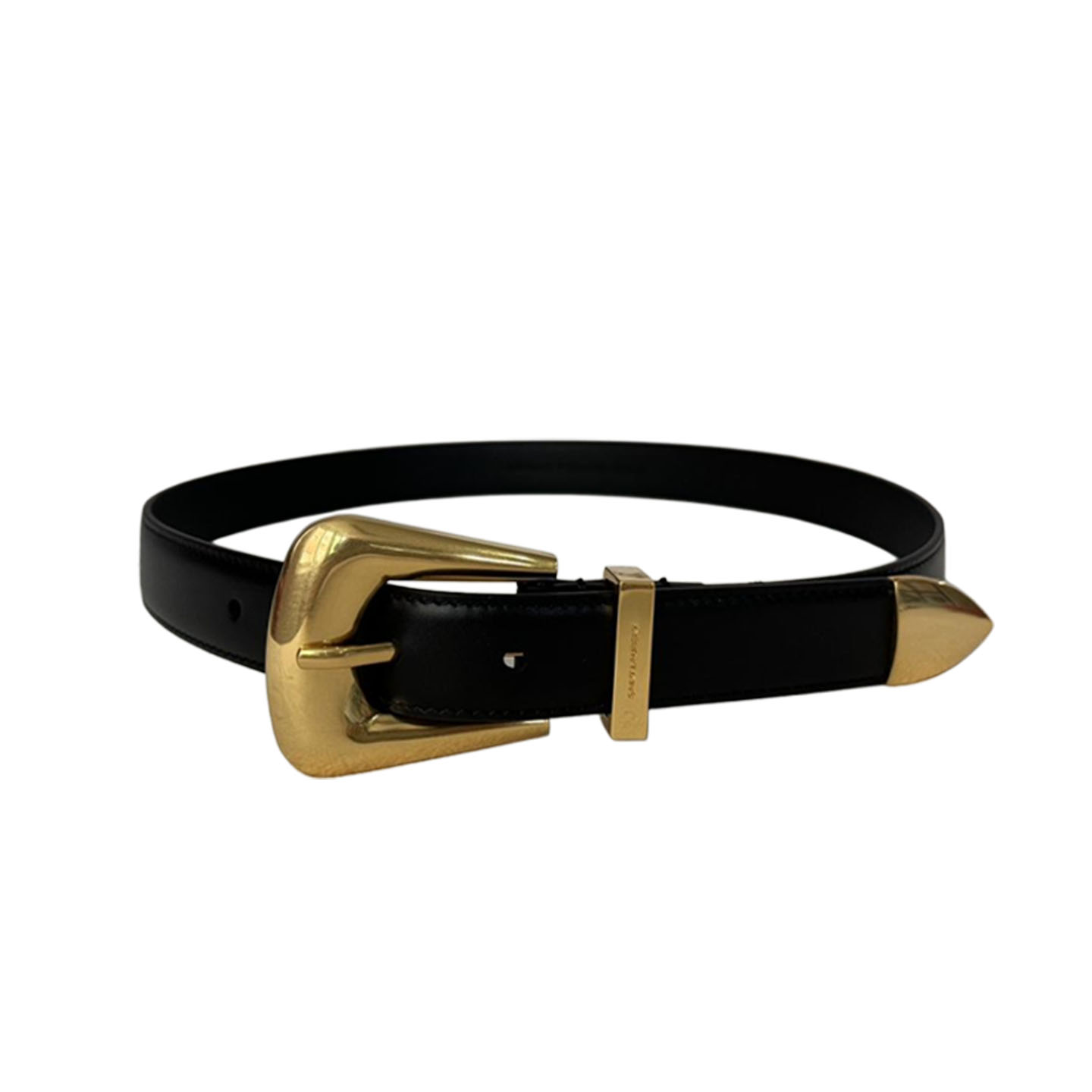 Cinto Saint Laurent Folk Buckle em Couro Escovado Preto com Ferragens Douradas/Prateadas 25mm