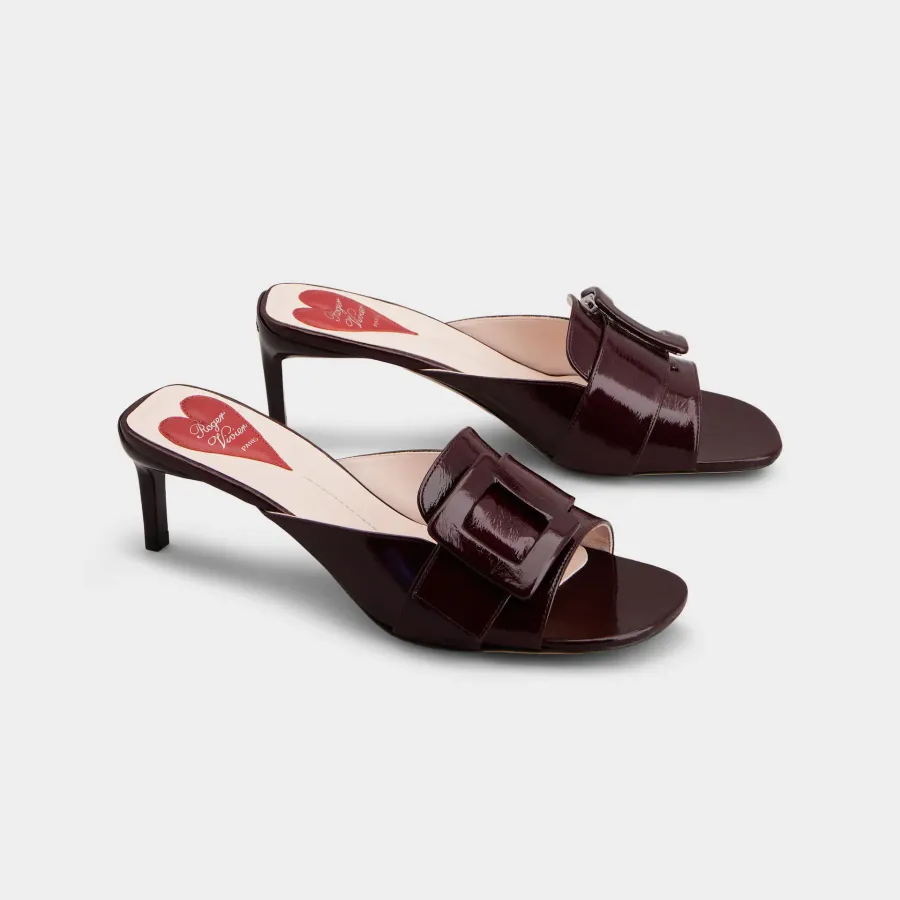 Roger Vivier Viv' Canard Mules Sandals In Burgundy Patent Leather With Lacquered Metal Buckle (Heel Height 5.5cm)