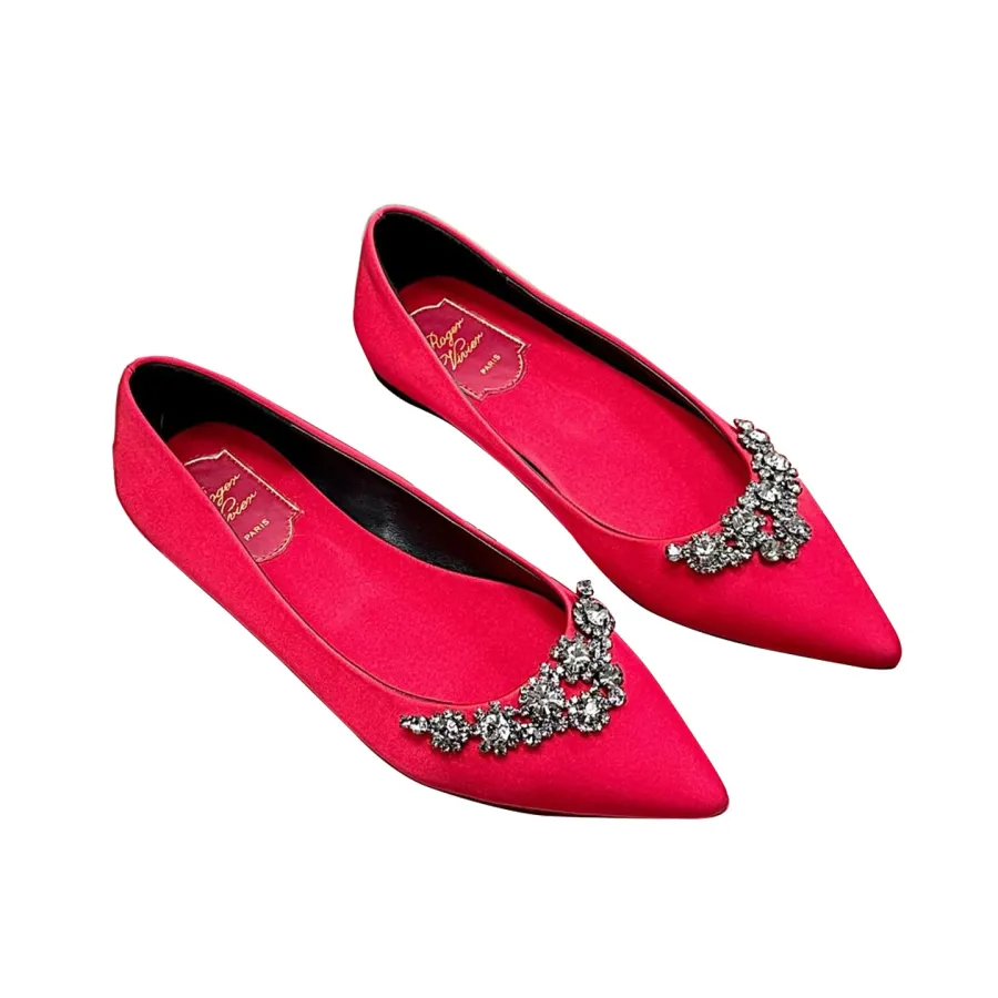 Roger Vivier Efflorescence Ballerinas In Red/Silver Satin With Crystal Flowers Buckle (Heel Height 1cm)