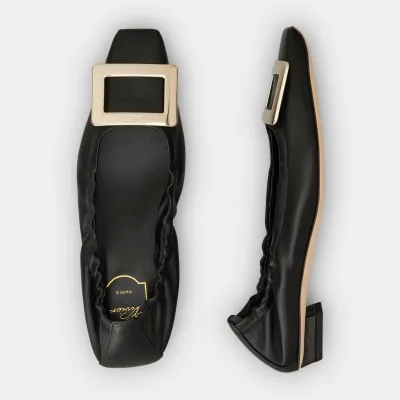 Roger Vivier Belle Vivier Ballerinas In White/Black Leather With Metal Buckle (Heel Height 2.5cm)