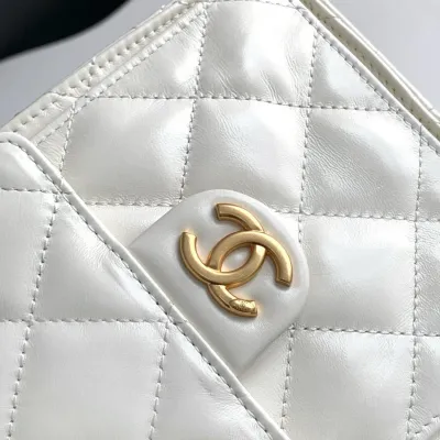 Chanel White Quilted Shiny Calfskin Leather  Shoulder Bags