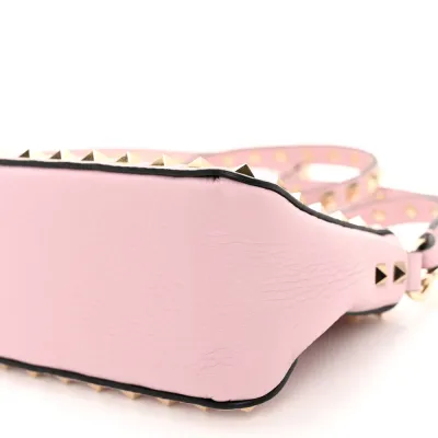 Valentino Garavani Small Rockstud Flip Lock Shoulder Bag Water Rose Pebbled Calfskin Leather Gold Hardware