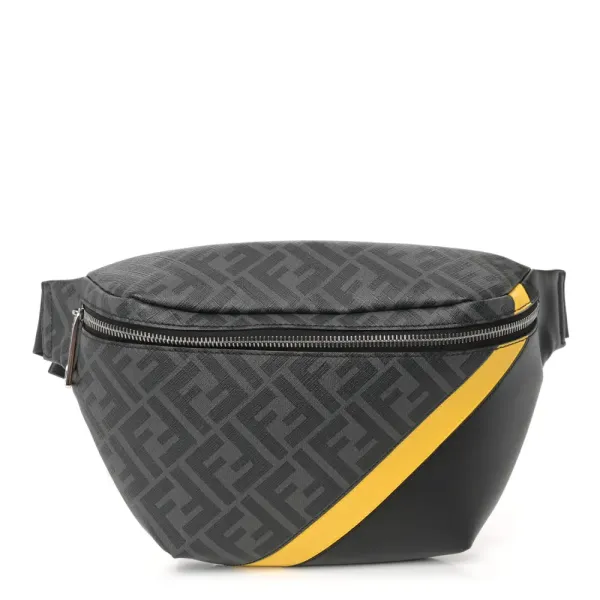 Fendi Century Logo FF 1974 Diagonal Belt Bag Black/Sunflower Glazed Fabric & Liberty Vitello Leather Silver Hardware