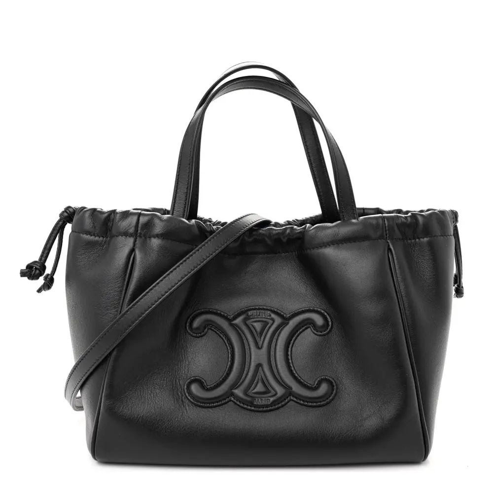 Celine Small Triomphe Cabas com Cordão Preto em Couro Bezerro Liso com Acabamento Dourado