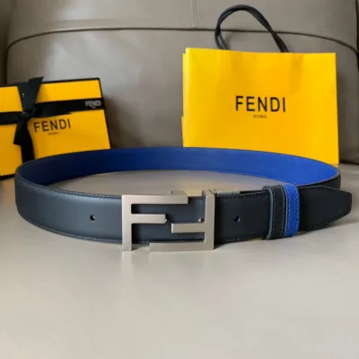 Fendi Men's Rectangled FF Buckle Reversible Belt In Black/Blue/Red/Yellow Calfskin With Gold/Silver/Gun Black Hardware 35mm