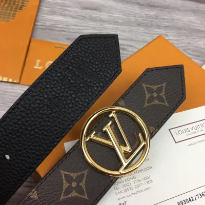 Louis Vuitton Women's Circle Buckle Belt In Black Calfskin And Monogram Canvas With Gold Hardware 35mm